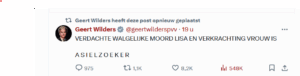 Post van Geert Wilders op X (alles in hoofdletters): Verdachte walgelijke moord Lisa en verkrachting vrouw is: Asielzoeker!